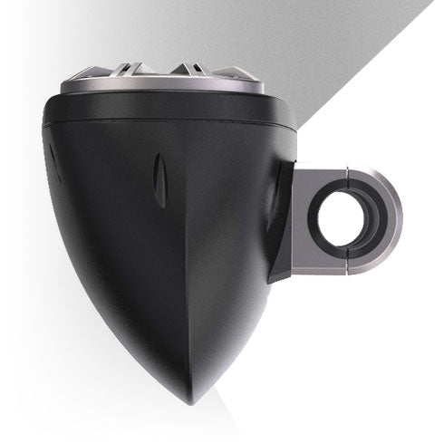Black motorcycle exhaust with silver top section on a white background