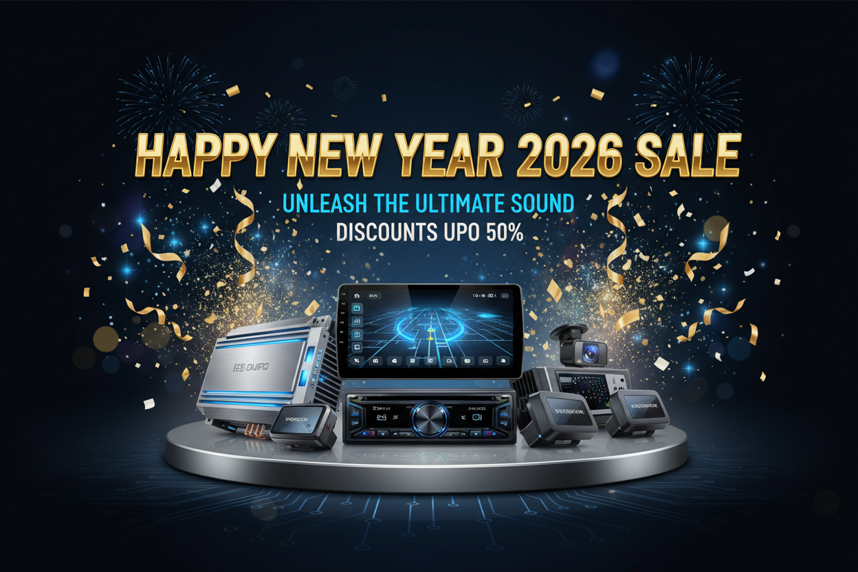 Promotional image for a New Year 2026 sale with audio equipment on a dark background.