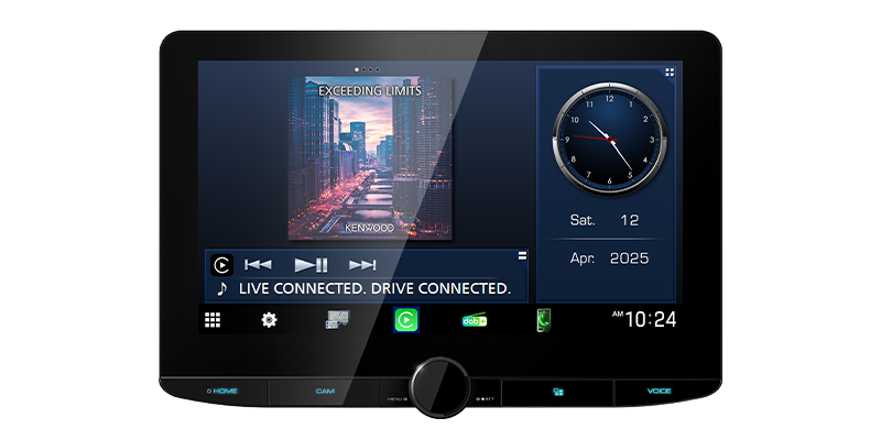 Digital display with music player interface on a black background