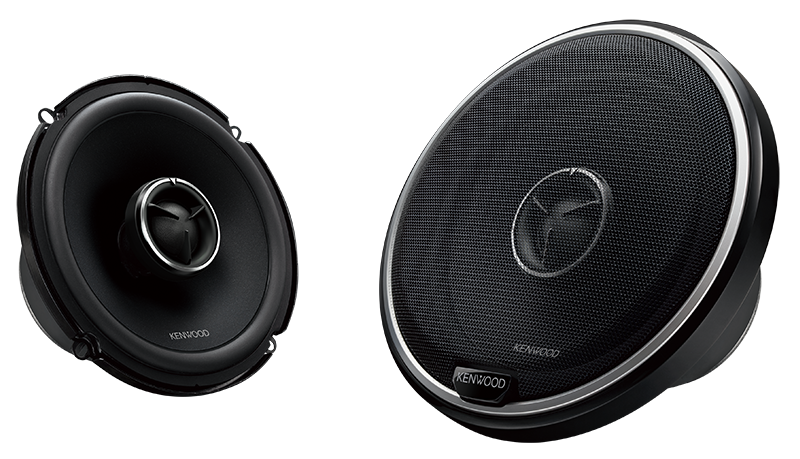 Two Kenwood car speakers shown on a plain white background, one viewed from the front and one from the side angle.