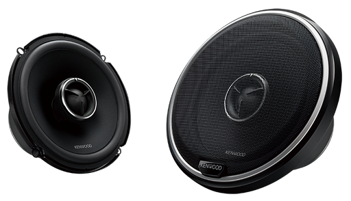 Two Kenwood car speakers shown on a plain white background, one viewed from the front and one from the side angle.