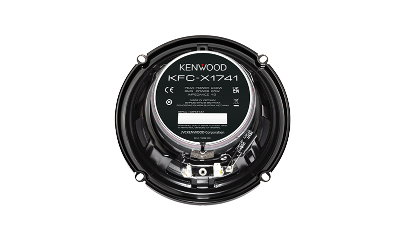 A Kenwood KFC-X1741 12-inch car audio speaker shown from the back, featuring a black circular frame, silver metal internal components, and a black label with white text, set against a plain white background.