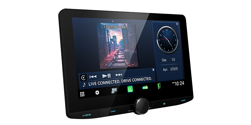 Car multimedia display with touchscreen interface on a white background