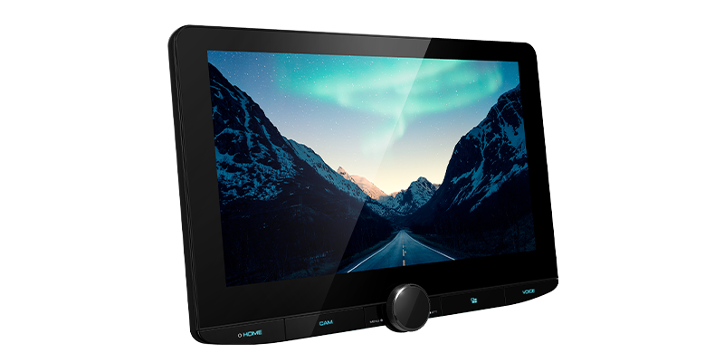 Digital photo frame displaying a mountain landscape on a white background