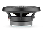 A single car audio speaker shown from the front on a clean white background. The speaker is predominantly black with a metallic silver base ring and a small silver logo badge at the top center of the grille.