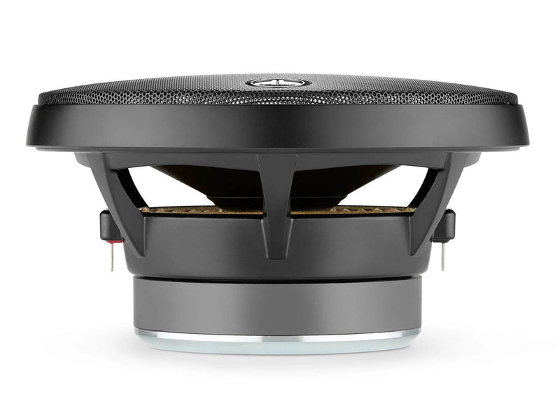 A single car audio speaker shown from the front on a clean white background. The speaker is predominantly black with a metallic silver base ring and a small silver logo badge at the top center of the grille.
