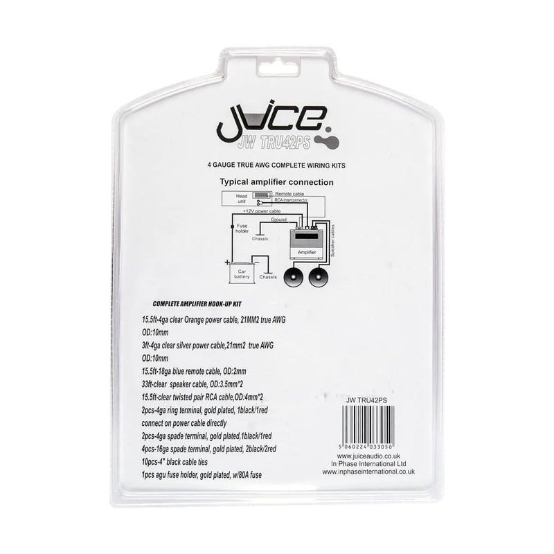 Juice Audio wiring kit packaging with technical details and diagram on a white background