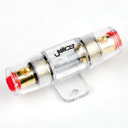 Clear electronic device with red and gold components on a white background