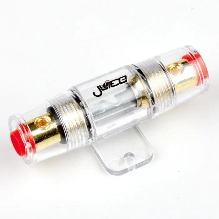Clear electronic device with red and gold components on a white background