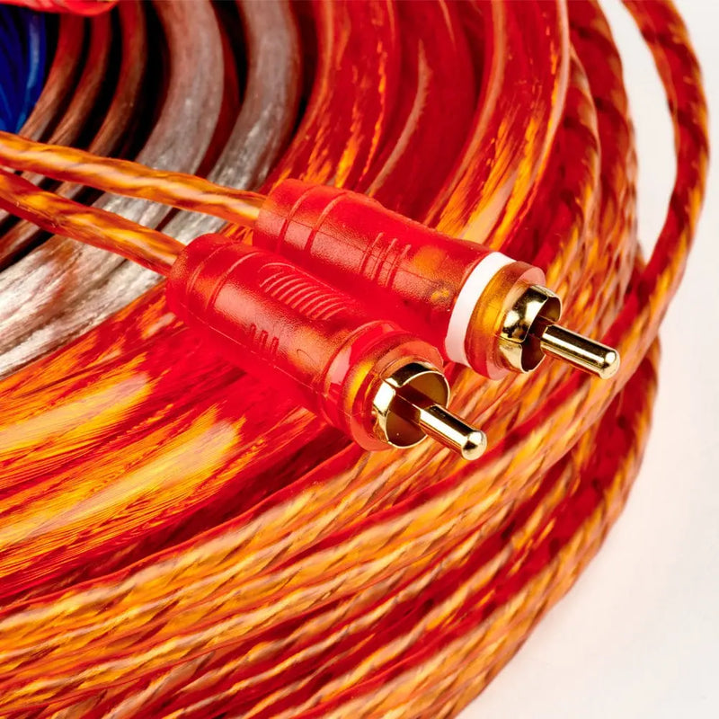 Close-up of a coiled audio cable with red and gold RCA connectors on a white background