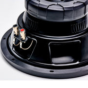 Close-up of a black speaker cone with wiring on a white background