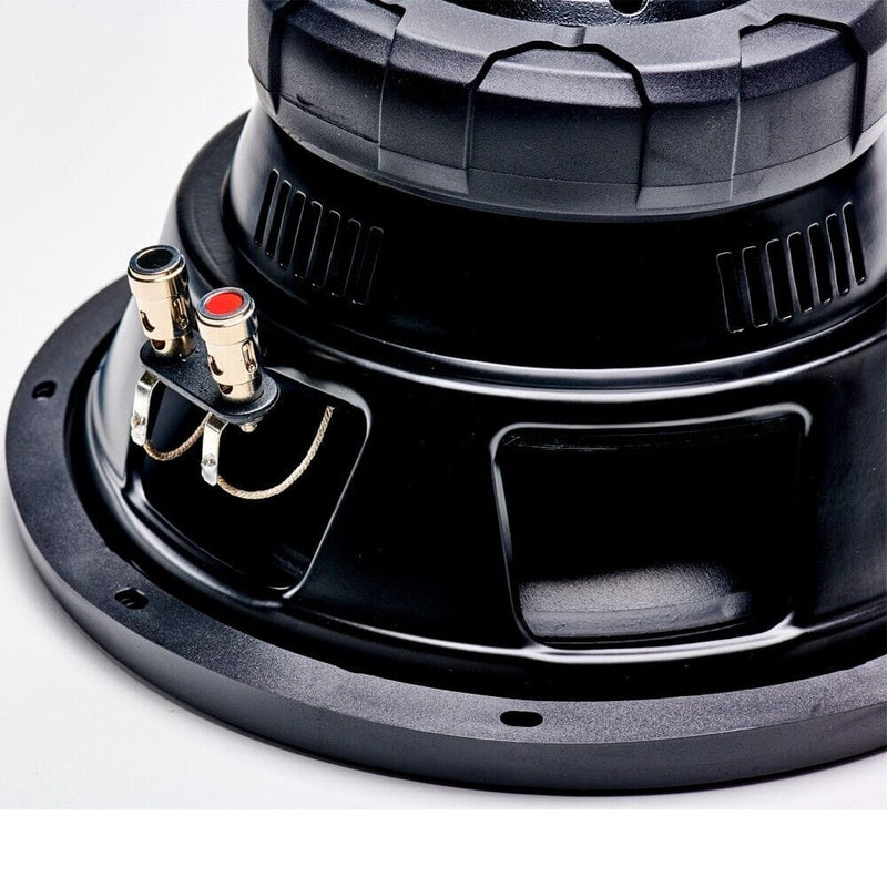 Close-up of a black speaker cone with wiring on a white background
