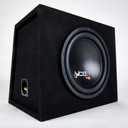 Black subwoofer in a enclosure with 'JL Audio' branding on a white background