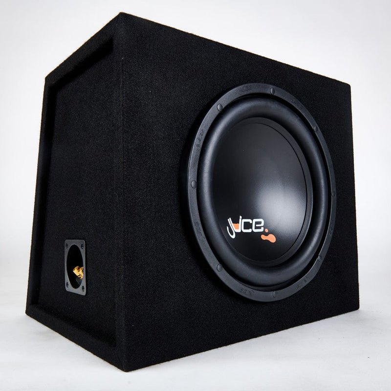 Black subwoofer in a enclosure with 'JL Audio' branding on a white background