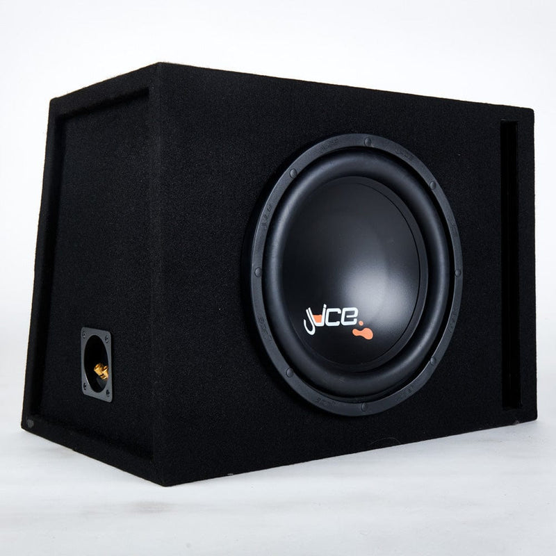 Car subwoofer in a black enclosure with 'Juce' branding on a white background