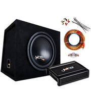 Car audio system with subwoofer, amplifier, and wiring on a white background