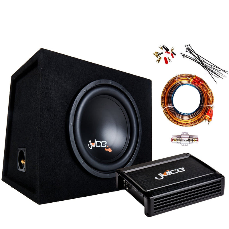 Car audio system with subwoofer, amplifier, and wiring on a white background