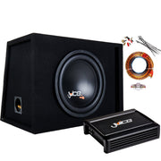 Car audio system with subwoofer, amplifier, and wiring on a white background