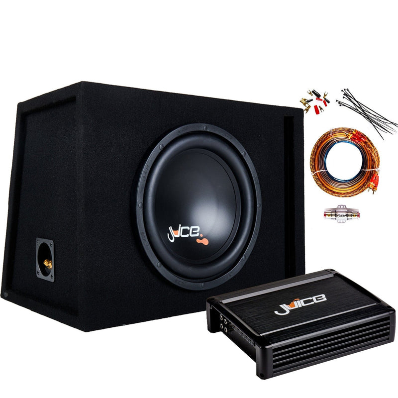 Car audio system with subwoofer, amplifier, and wiring on a white background