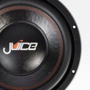 Close-up of a subwoofer with 'Juice' branding on a white background