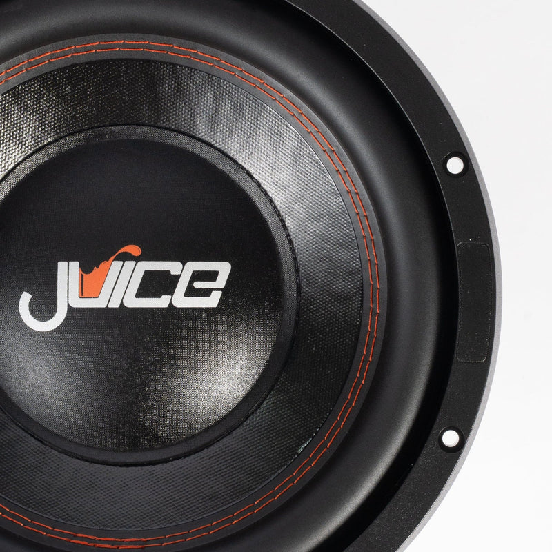 Close-up of a subwoofer with 'Juice' branding on a white background