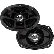 Two JVC car speakers on a white background