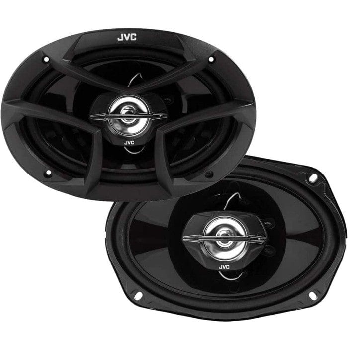 Two JVC car speakers on a white background