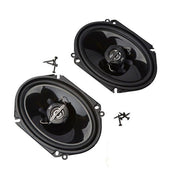 Two car speakers with mounting hardware on a white background