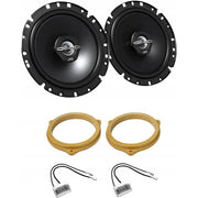 Two JVC car speakers with gaskets and wiring on a white background