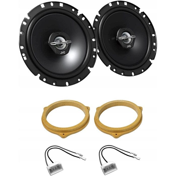 Two JVC car speakers with gaskets and wiring on a white background