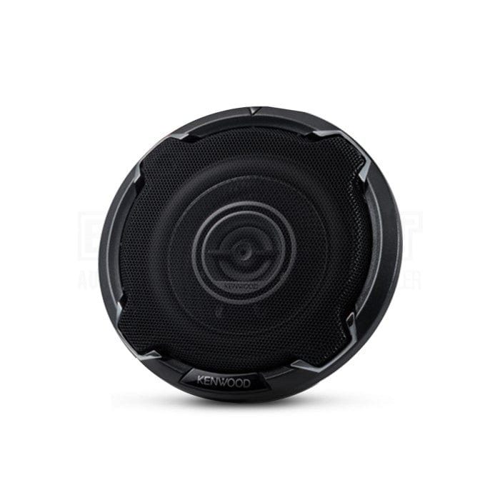 Black car speaker with 'Kenwood' branding on a white background