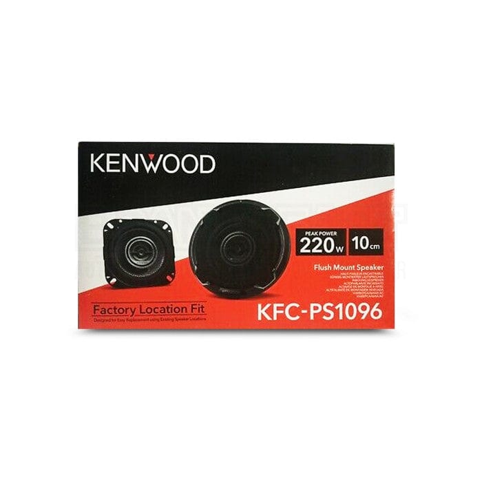 Kenwood speaker packaging with red and black design on a white background