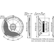 Technical drawing of a speaker with dimensions and specifications