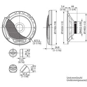 Technical drawing of a Kenwood speaker with dimensions in millimeters and inches.