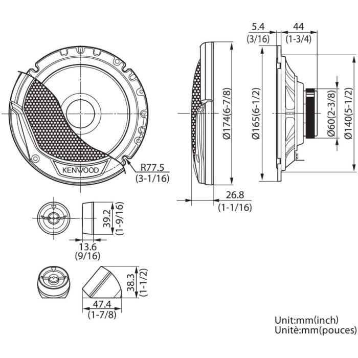 Technical drawing of a Kenwood speaker with dimensions in millimeters and inches.