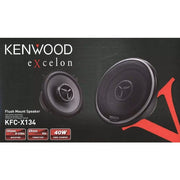 A pair of Kenwood KFC-X134 2-way car speakers, black in color with a polypropylene diaphragm and a soft dome tweeter.