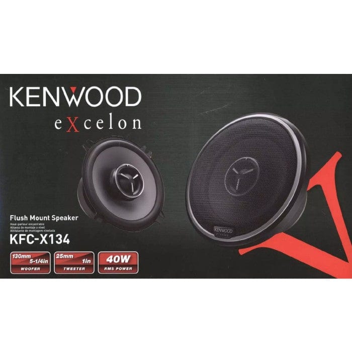 A pair of Kenwood KFC-X134 2-way car speakers, black in color with a polypropylene diaphragm and a soft dome tweeter.