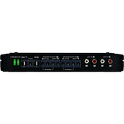 Audio amplifier with various input and output ports on a white background