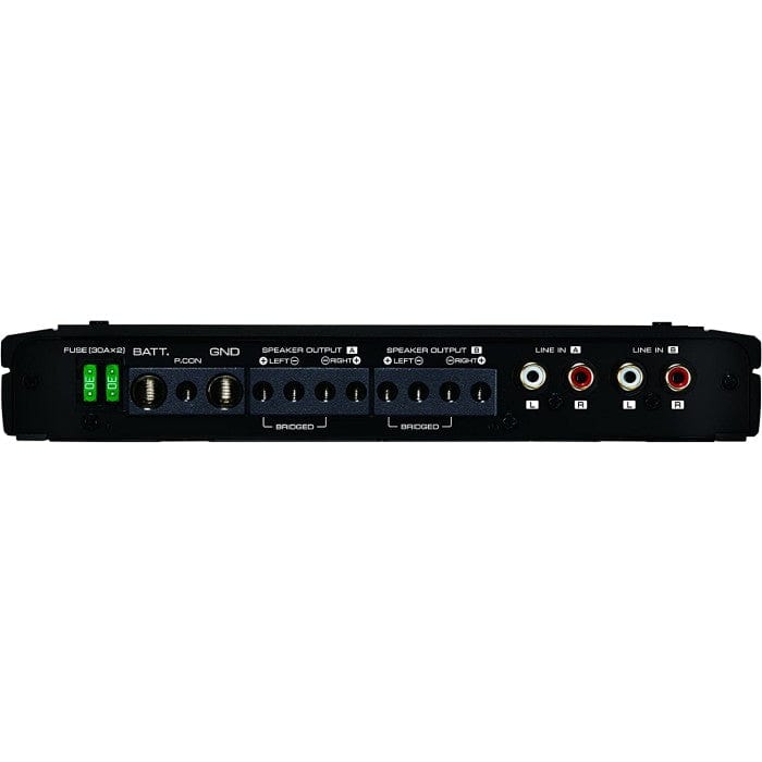 Audio amplifier with various input and output ports on a white background