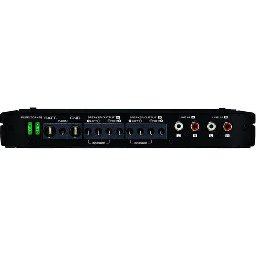 Audio amplifier with various input and output ports on a white background