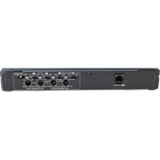 Back view of an electronic device with control knobs and ports on a white background