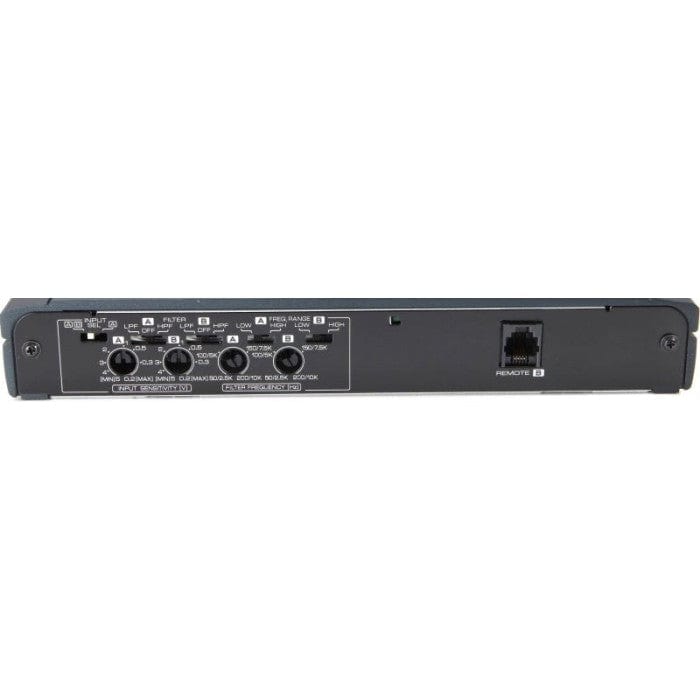 Back view of an electronic device with control knobs and ports on a white background