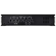 Black audio amplifier with control knobs on a white background