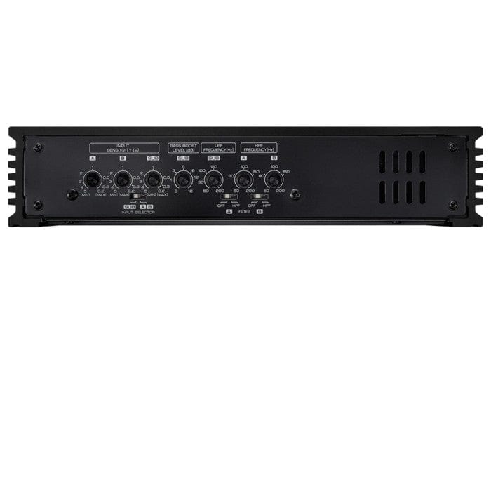 Black audio amplifier with control knobs on a white background
