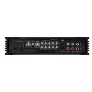 Black audio amplifier with various control buttons and ports on a white background