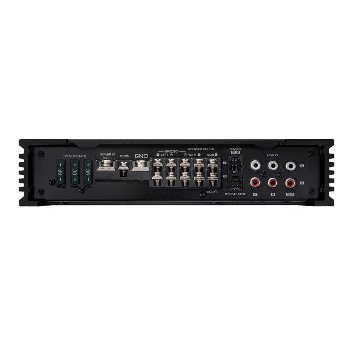 Black audio amplifier with various control buttons and ports on a white background