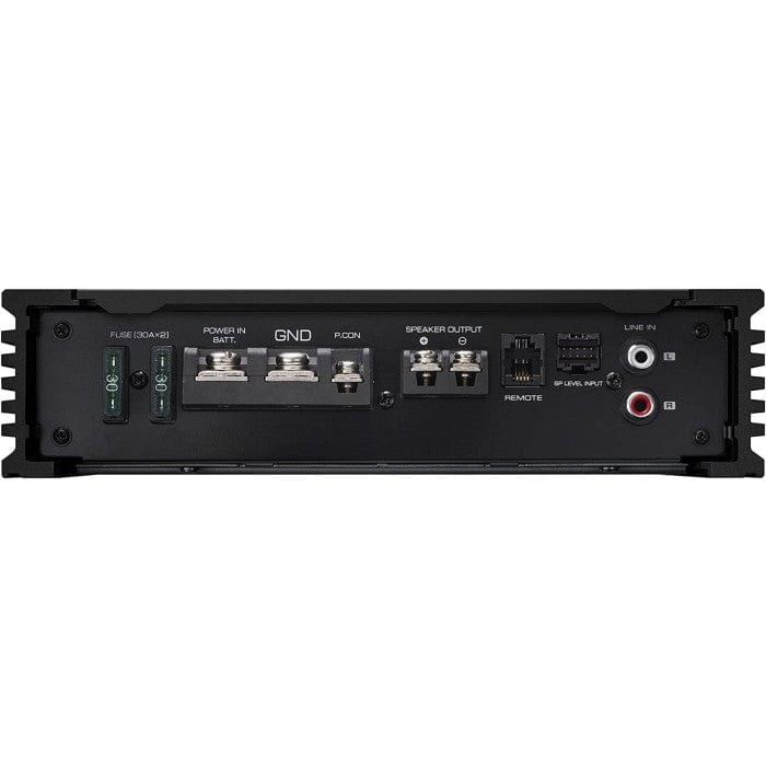 Back view of a black electronic device with various ports and labels on a white background