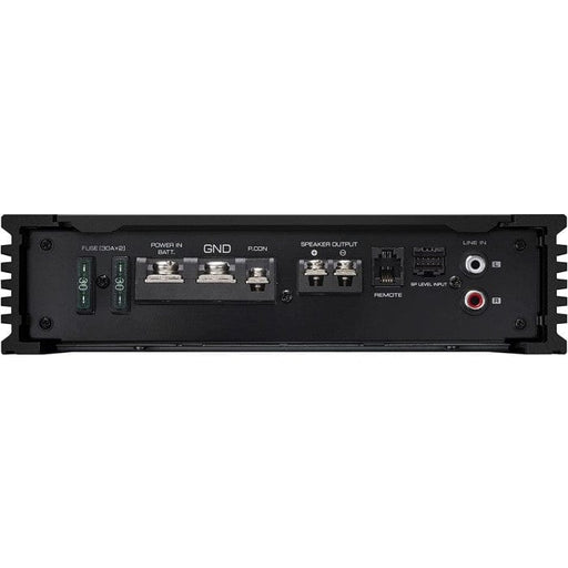 Back view of a black electronic device with various ports and labels on a white background