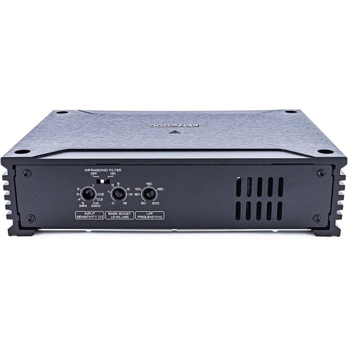 Audio amplifier with control knobs and labels on a white background