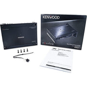 Kenwood Excelon amplifier with packaging, accessories, and warranty card on a white background